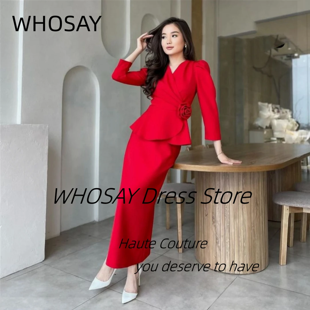 WHOSAY Czerwone suknie wieczorowe V Neck Flower Sash Vestidos De Fiesta Długie rękawy Przyjęcie urodzinowe Suknie wieczorowe Sheath