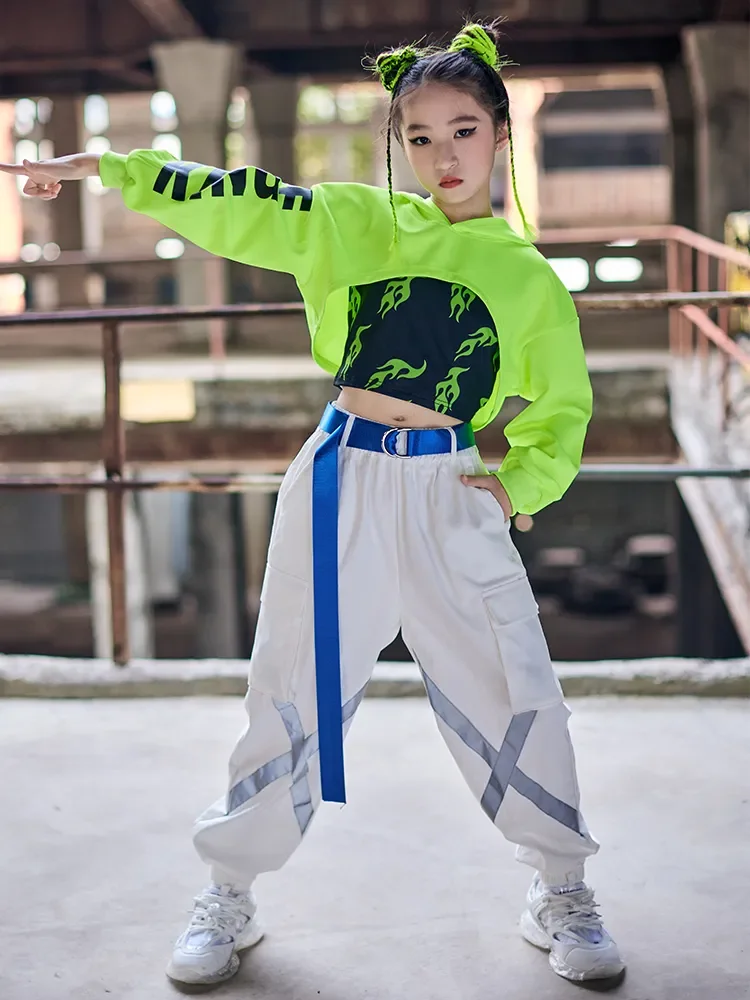 Tops Cargo Broek Streetdance Kleding Hiphop Jazz Show Outfit Kids Hiphop Kostuum Meisjes Jazz Dance Vest Neon Groene Crop