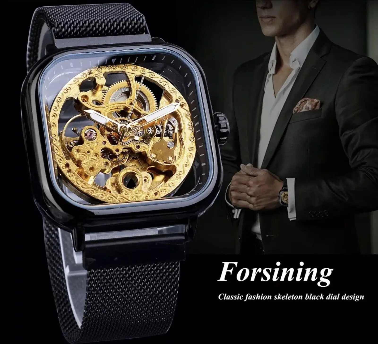 Forsining Mens Black Automatic Mechanical Steampunk Mesh Watch Great Gift Idea Мужские автоматические часы