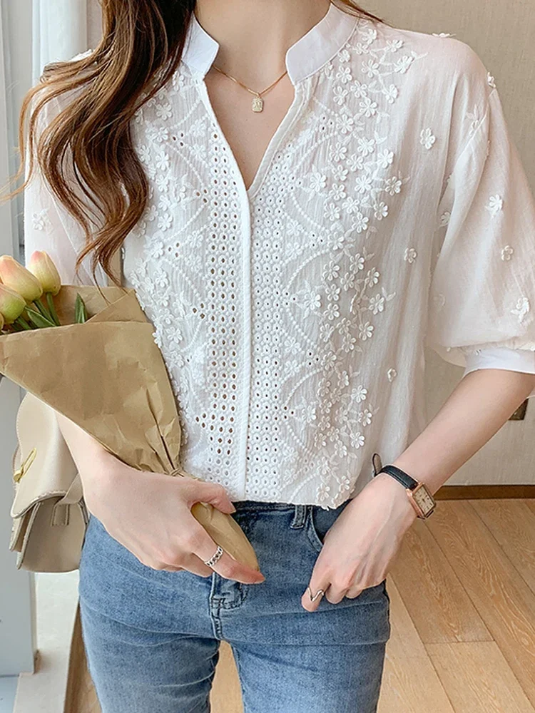 Summer Short Sleeve Lace Blouse Shirt Women Tops Blusas Mujer De Moda 2024 Verano V-Neck White Blouse Women Blouses Blusa F428