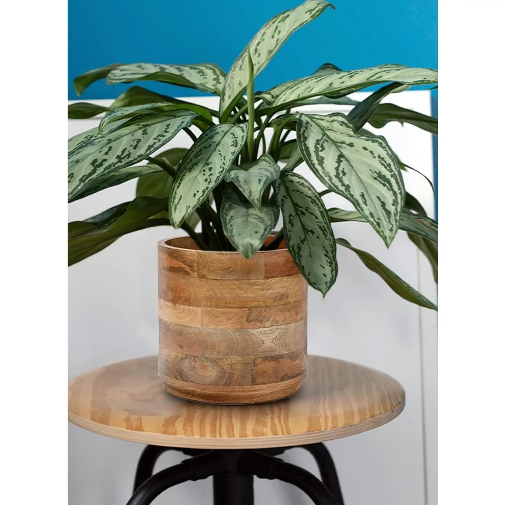 Set Cachepot kayu mangga, dengan tinggi 4, 9 inci Diameter & 8.5 inci, cocok untuk tanaman dalam ruangan dalam pot
