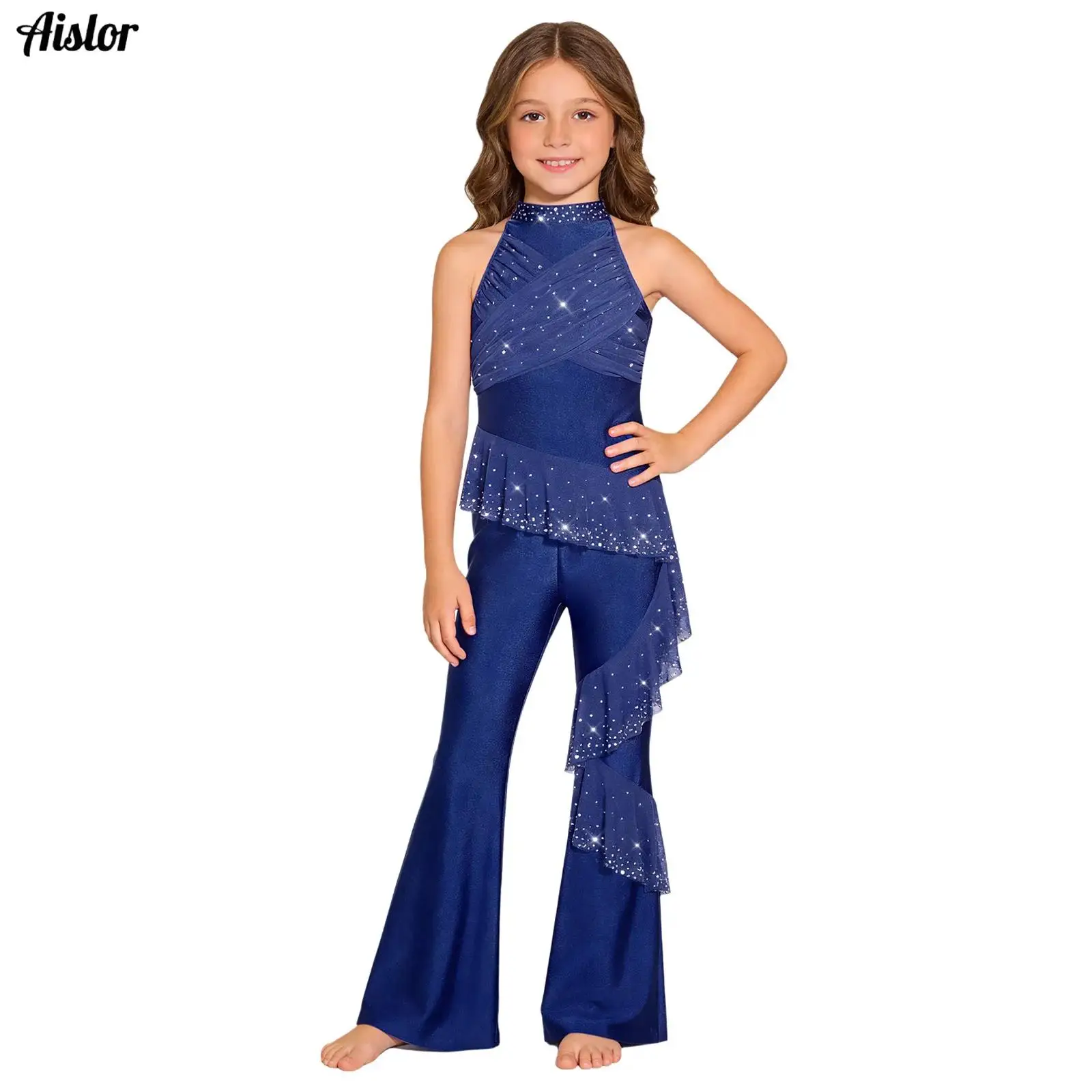 

Костюмы для выступлений по лирической гимнастике и балету со стразами для девочек: комбинезон-боди с драпировкой, сетчатыми оборками и расклешенными штанинами