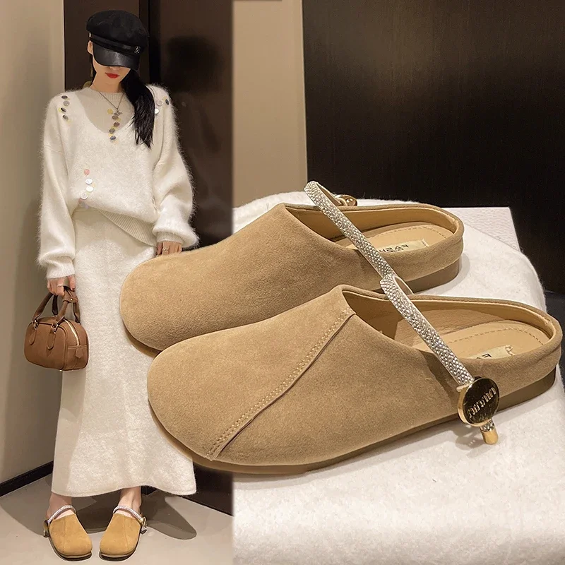 

Women's Mules Flat Sole Solid Cover Toe Rhinestones Slippers Women Dress Metal Decoration Concise Outdoor Zapatillas De Mujer
