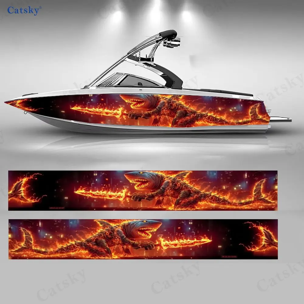 2Pcs Boat Vinyl Wrap Sticker, Fire Shark Monster Pattern, Vibrant Durable Material, Ideal for Speedboats Sport Boats