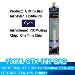 Saco de tinta têxtil DTG com chip único, adequado para irmão GTX-422, GTX-423, GTX-425, GTX PRO, GTX PRO B, GTX, 700ml por saco