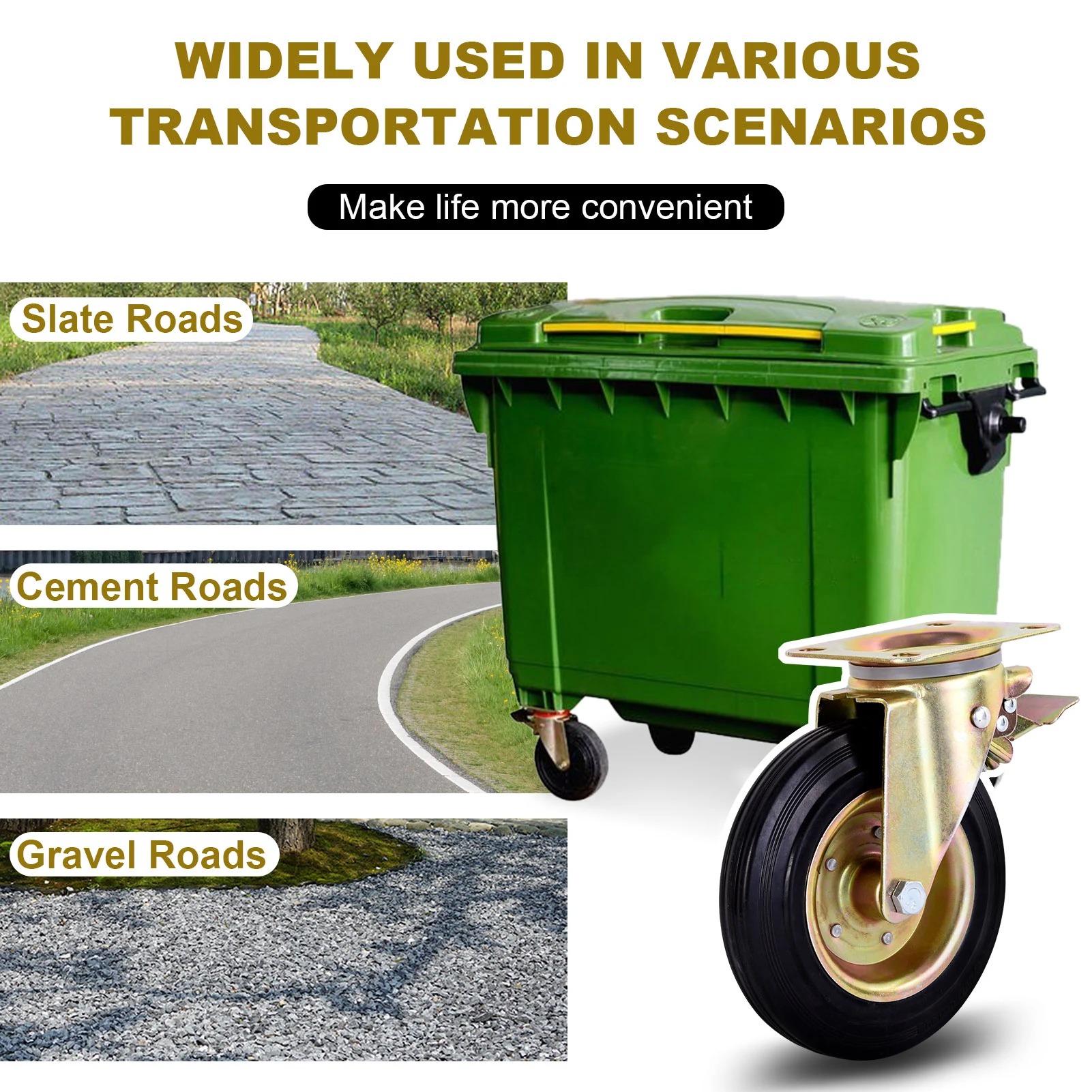 ล้อเลื่อนสำหรับงานหนัก, ล้ออุตสาหกรรมขนาด 8 นิ้ว, ล้อเลื่อน 4 ชิ้น, หมุนได้ 360 องศา, ล้อเลื่อนสำหรับงานหนัก (มีเบรก)