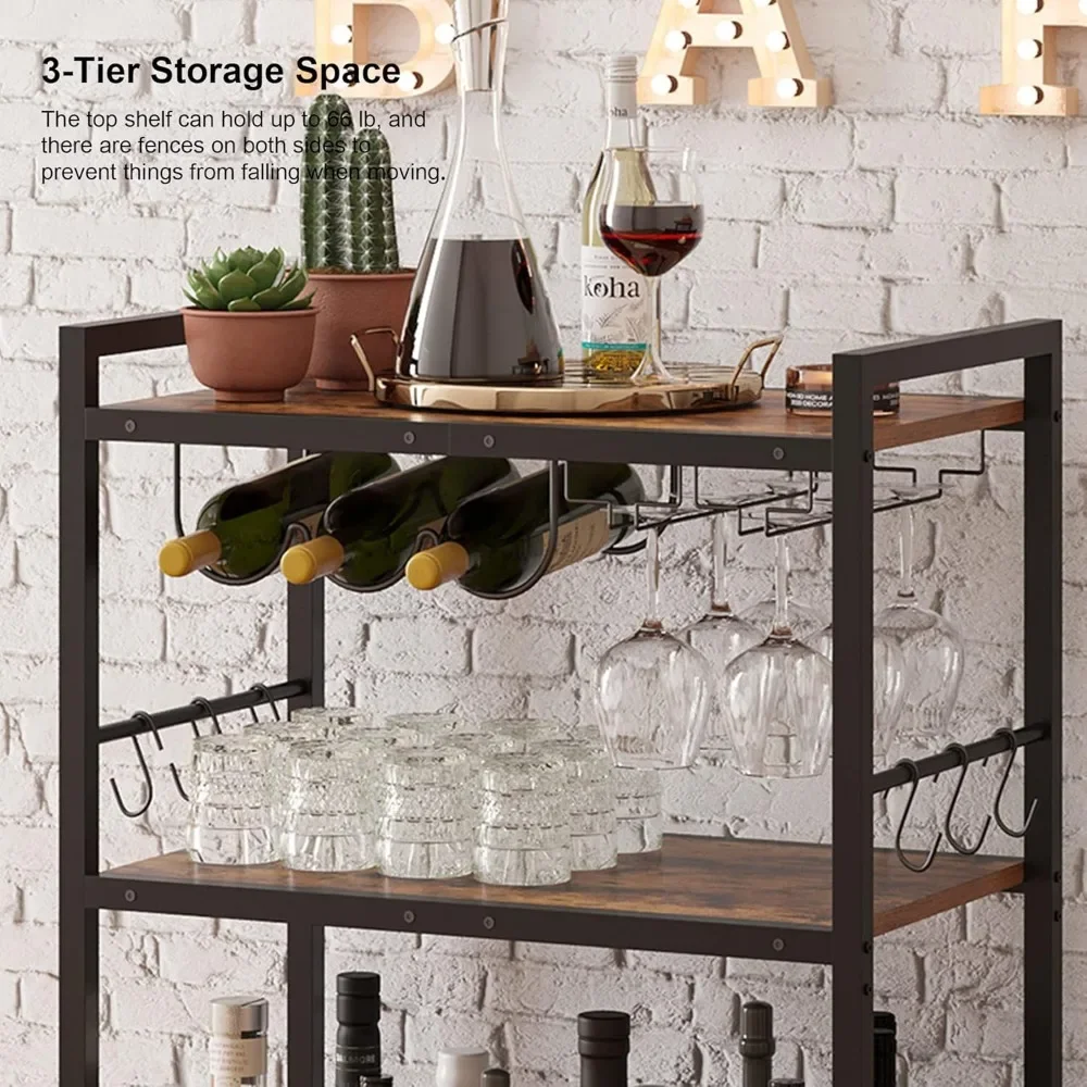 Bar Cart, Serving Cart for Home, Microwave Cart, Drink Cart, Mobile Kitchen Shelf with Wine Rack and Glass Holder