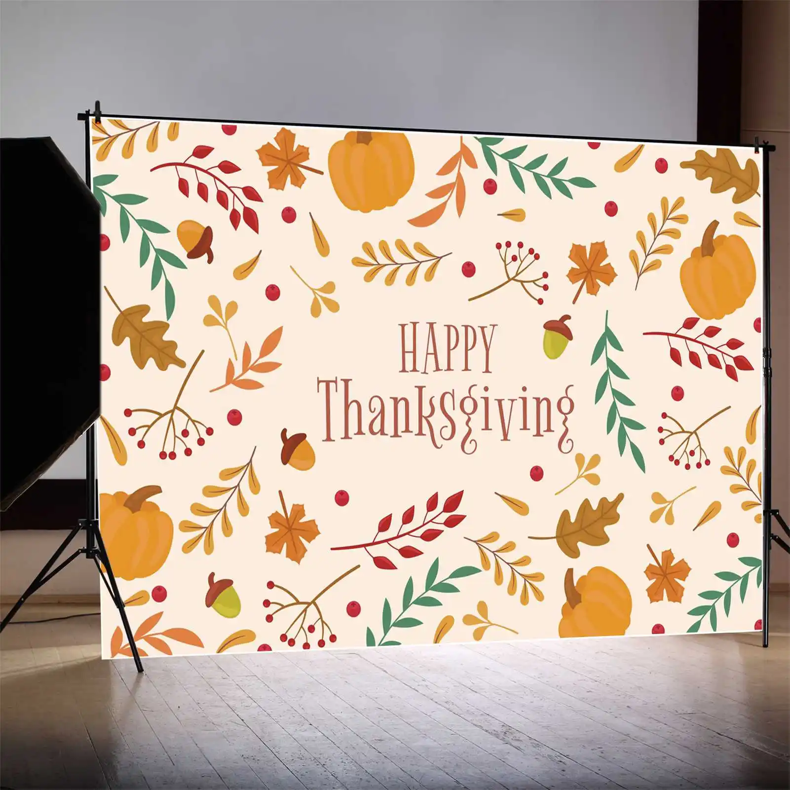 MOON.QG Backdrop Happy Thanksgiving Leaves Decor Background Props Kids Autumn Harvest Pumpkin Nut Bean Party Photo Booth Banner