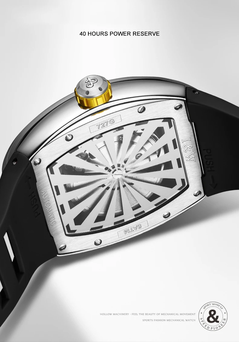 Orologio automatico da uomo I & W orologio da polso meccanico Tonneau di lusso 50m lunetta in zircone luminoso impermeabile