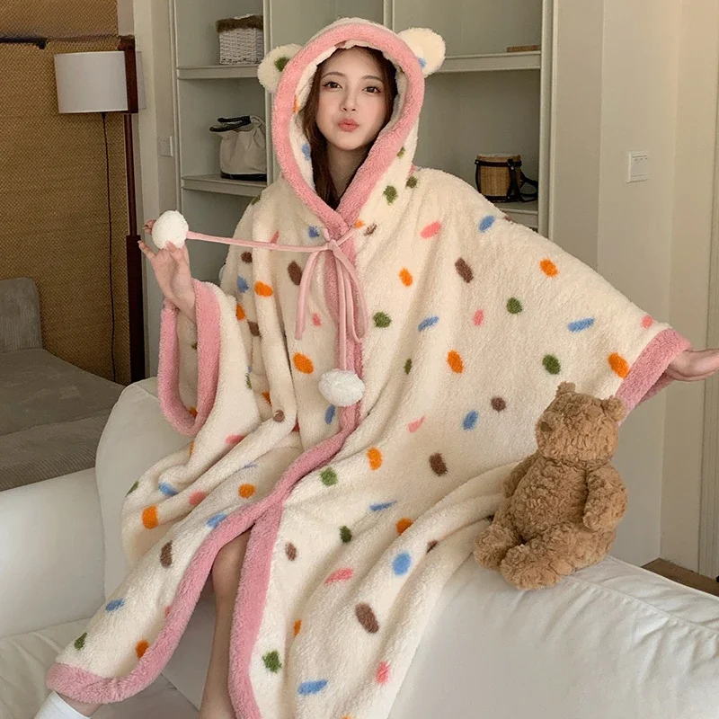 Hooded Robes for Women Plush Cute Warm Home Clothes Cloak Shawl Korean Fashion Daily Comfortable Trendy Winter Sleepwear Ulzzang