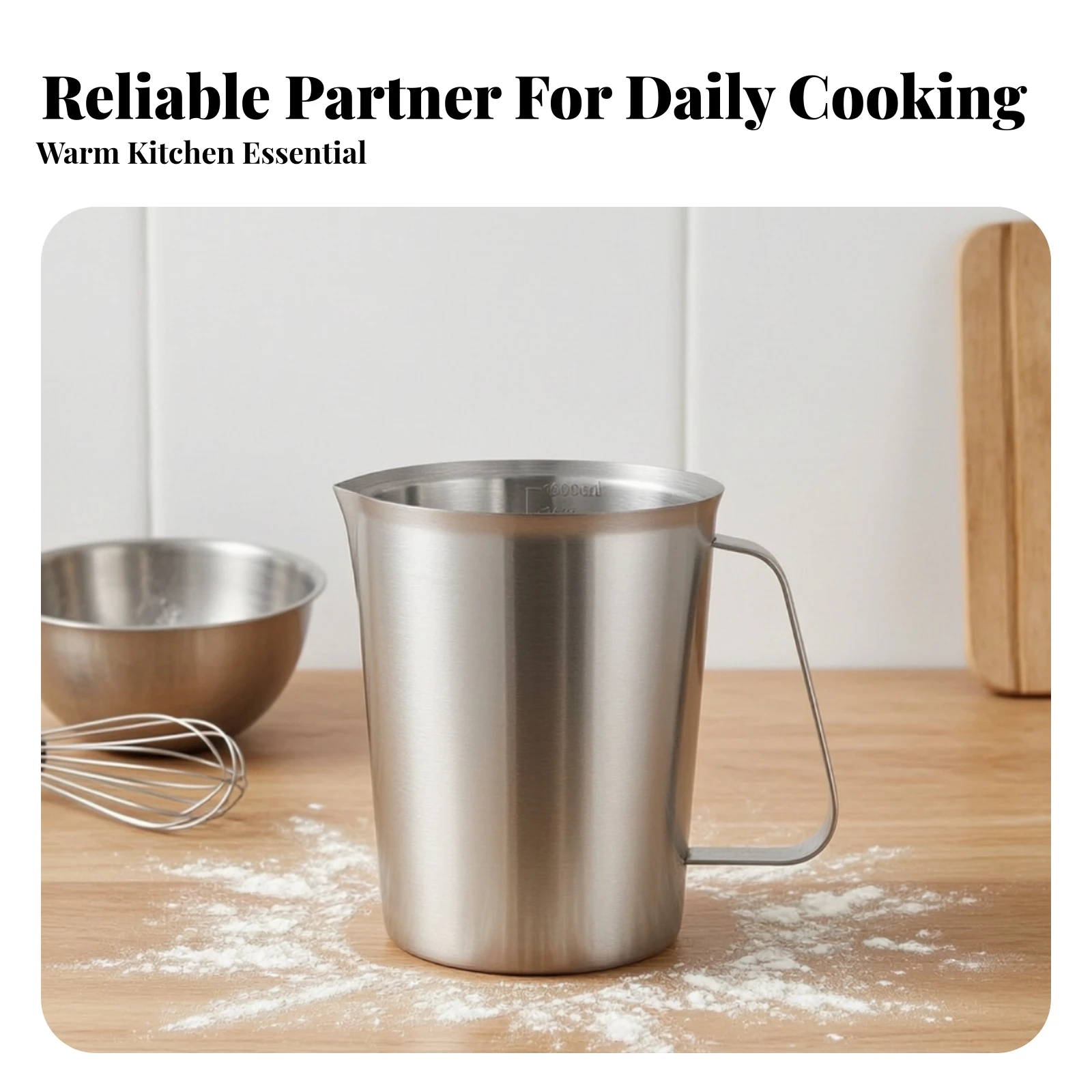 Kitchen Baker - ถ้วยตวงสแตนเลสพร้อมด้ามจับ อุปกรณ์ตวงพร้อมสเกลสลัก โลหะขัดเงา สำหรับนักทำขนม งานเบเกอรี่ และห้องครัว
