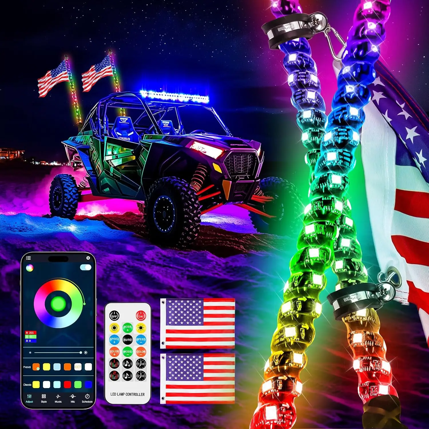 2pcs 4 ft LED Whip Light With App Remote Control Spiral RGB Chasing Music Whip Light for UTV ATV RZR Can-Am SXS Polaris