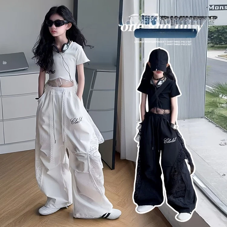 4-14 girls Hip Hop Jazz Street Dance clothes Set Child Summer Clothing Lace patchwork T-shirt+work pants 2pcs kids outfits suit