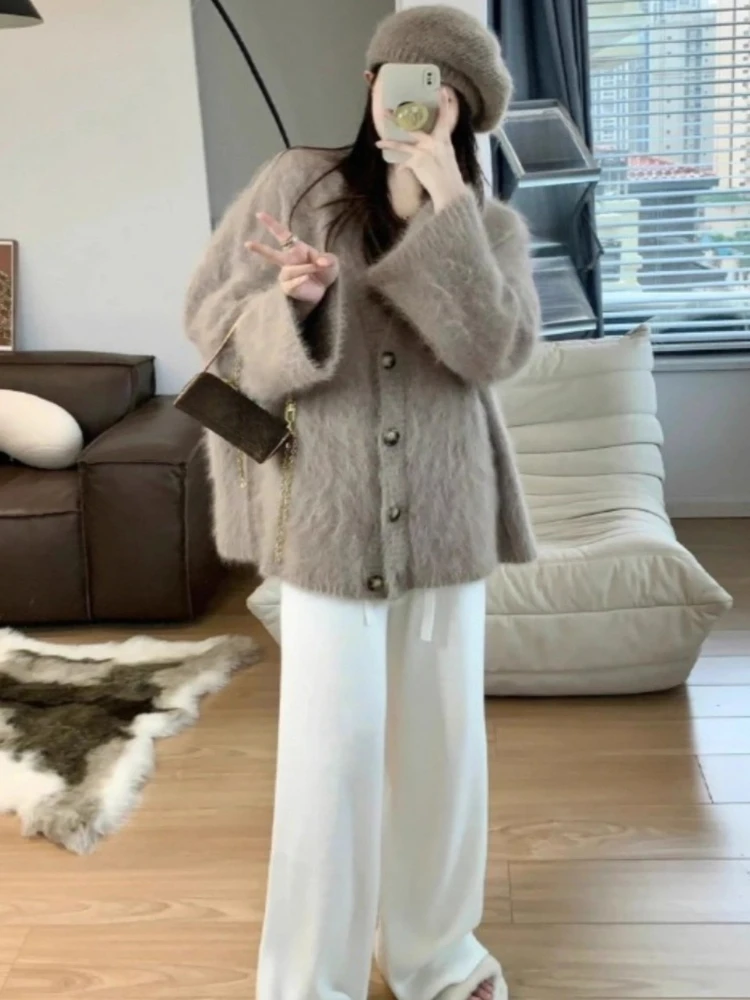 Herfstkleding Harig vest Jassen V-hals Alle Match Sueter Mujer Koreaanse Pull Femme Mode Gebreide trui met enkele rij knopen