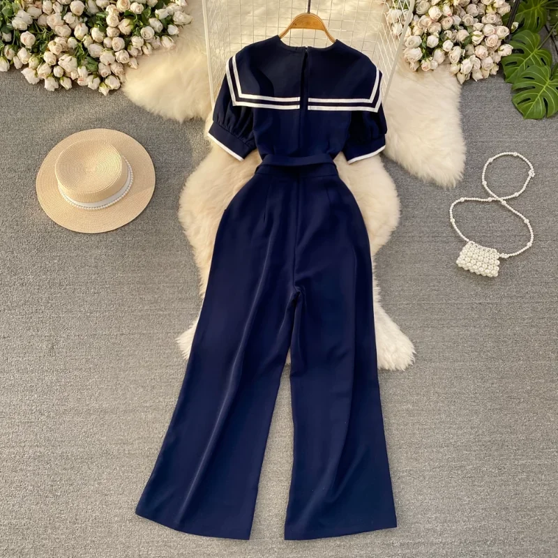 Contrast Color Stripe Sailor Collar High Waist High-End Bodysuit Fashion Gentle Romper Lace Up Slim Wide Leg Pant Jumpsuit Women