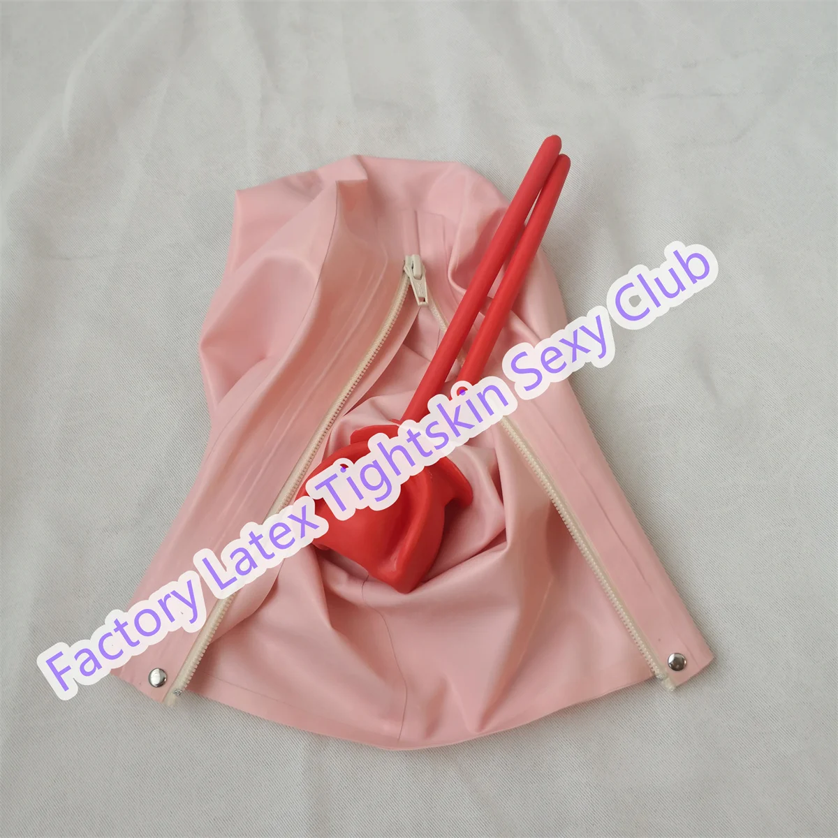 

Sexy Latex Hood Baby Pink Fetish Cosplay Mask with Long Nose Mouth Gag Back Zip for Men Women Wear