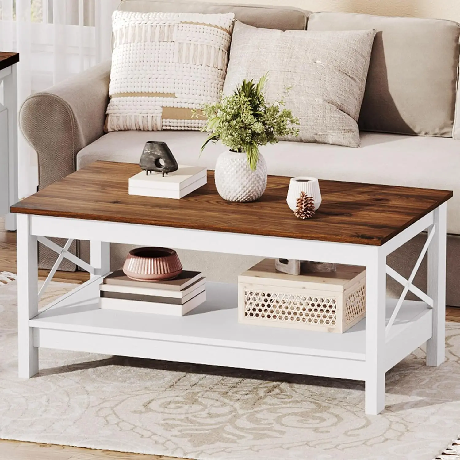 طاولة قهوة مستديرة حديثة بوهو مقاس 30.7 بوصة - طاولة خشبية مع ملمس عمودي وقاعدة متقاطعة معدنية،