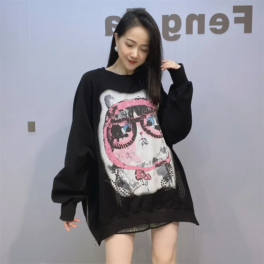 Trui met ronde hals Cartoon sweatshirts Dames herfst en winter 2024 Halflange dubbelzijdige rits Decoratieve losse top