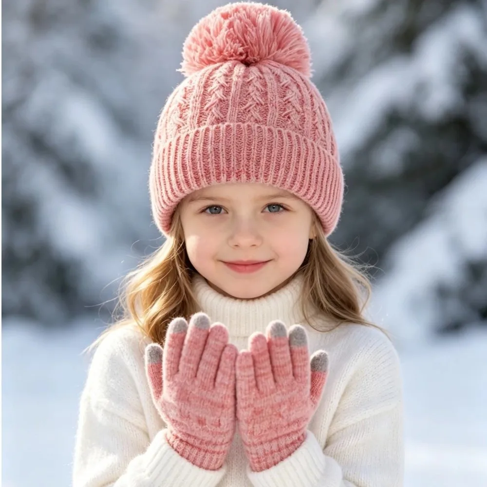 2Pcs/Set Fashion Winter Children Hat Gloves Set Lining Windproof Touchscreen Gloves Warm Pompom Knitted Hats Gloves view 3