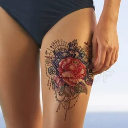 Faux Tatouage Temporaire Autocollant, Rose, Saphir, Fleur Rouge, Imperméable, Dos, Jambe, Bras, Ventre, Grande Taille, pour Femme, Homme, Fille