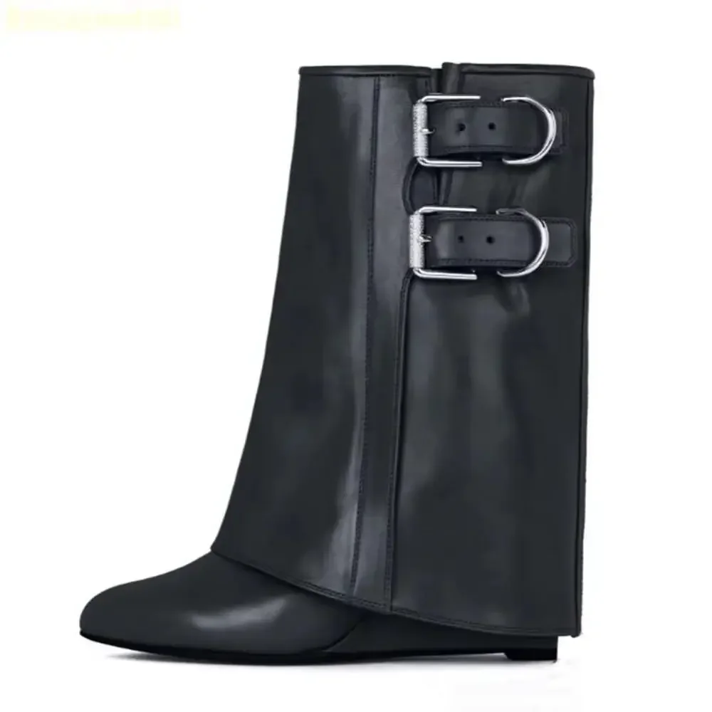 2025 New Wedges Shark Boots Metal Belt Buckle Black/white/red Leather Mid-Calf/knee-High Boots Latest Catwalk Fashion Boots