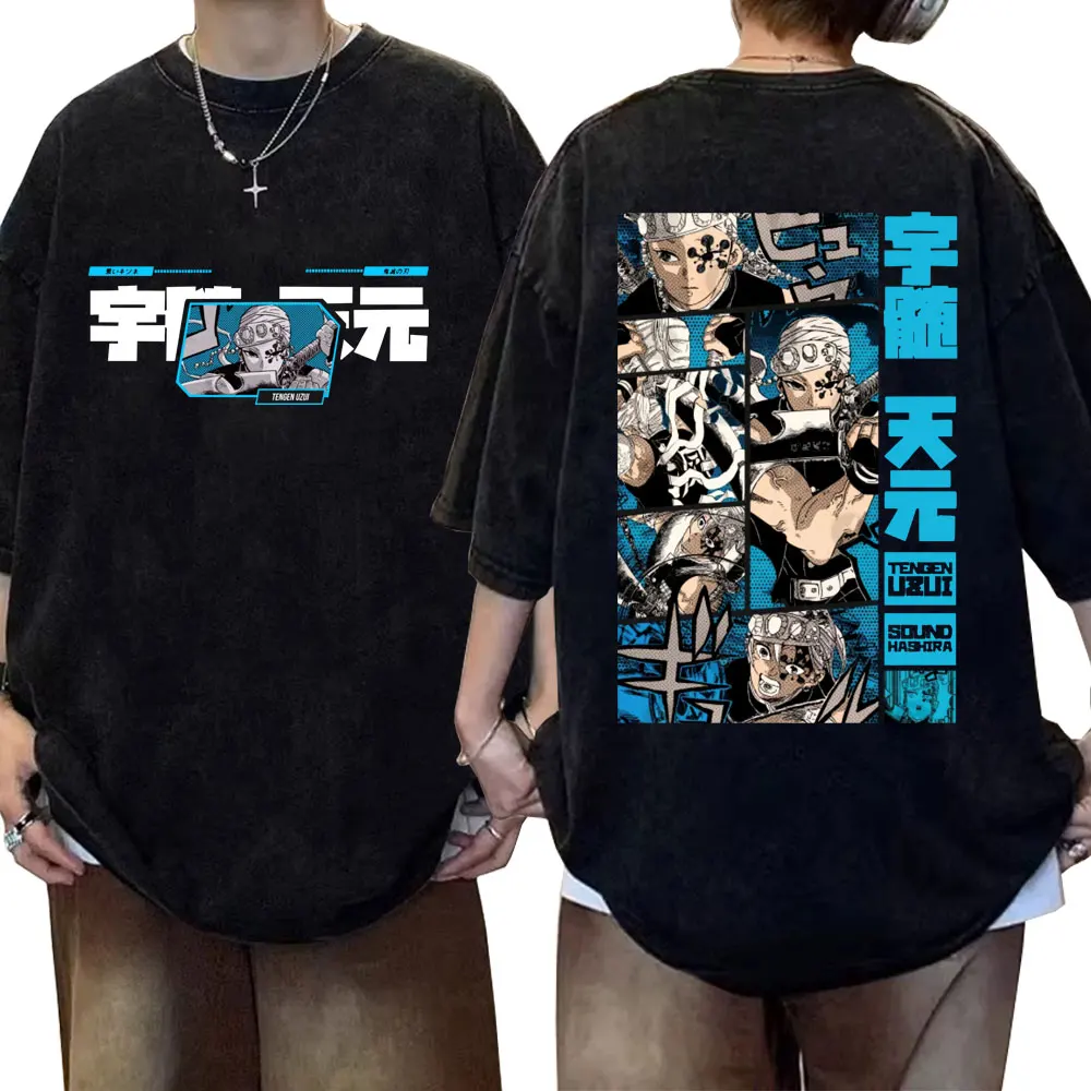 

Anime Demon Slayer Washed Vintage T Shirt Funny Muscle Rat Tshirt Uzui Tengen Graphic T-shirt Men Women Loose Oversized T-shirts