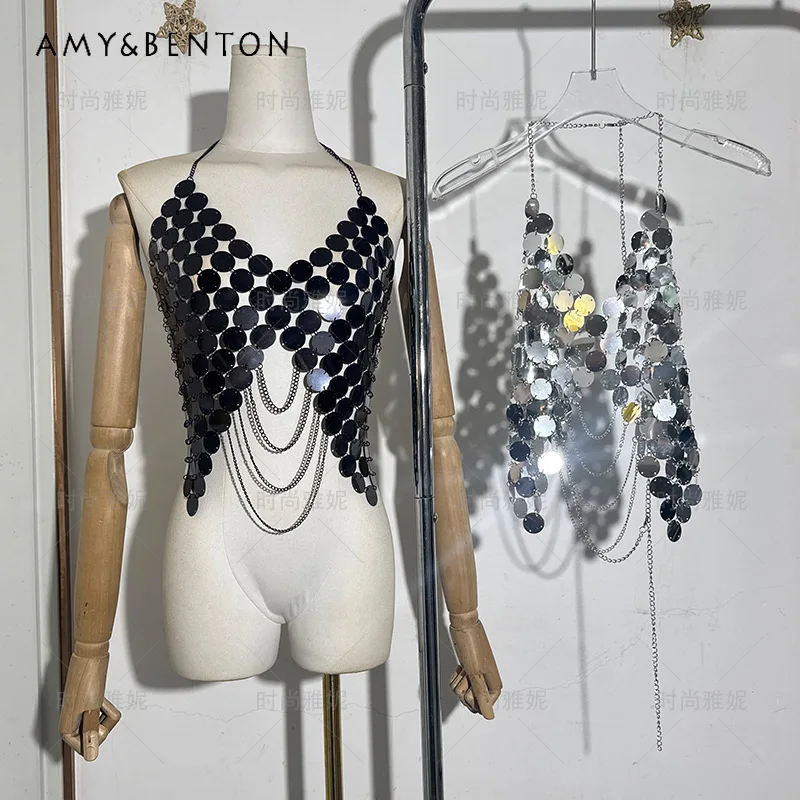 

American Style V-Neck Halter Sequin Backless Tank Top For Women's Body Chain Outerwear Chest Accessory Sexy Y2k Camisoles Ladies