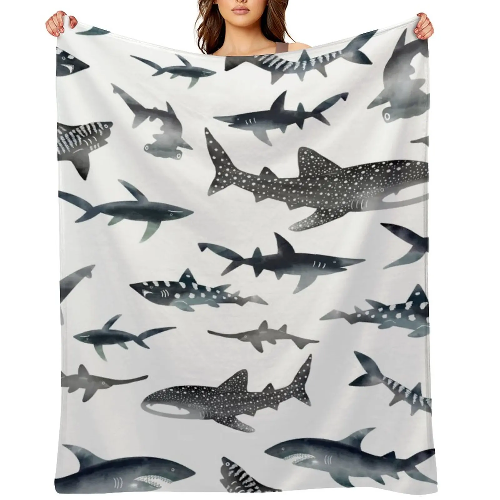 

Sharks! Sharks! Sharks! Dark Ocean Watercolour Throw Blanket Flannel Softest Sofa Quilt Blankets For Baby Blankets