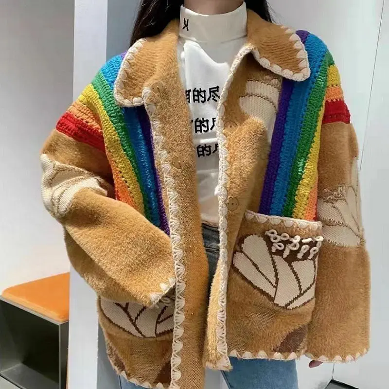 Chic Woman Rainbow Jacquard Embroidery Loose Knit Cardigan Turn Down Collar Threads Edges Sweater Coat Wool Knitwear Jacket Tops