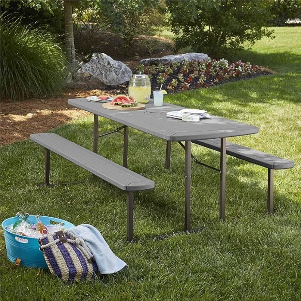 Outdoor Living 6 ft. Folding Picnic Table, Dark Gray Wood Grain Resin with Gray Steel Legs,Dining Party, Large Picnic Tables