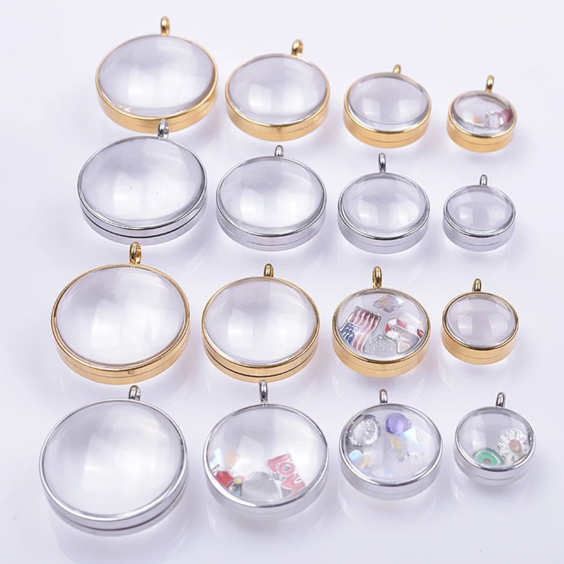 1Pc 15-30mm Glass Floating Double Curved Medallion Pendant Stainless Steel Diy Round Ashes Coin Holder Locket Colgantes Jewelry