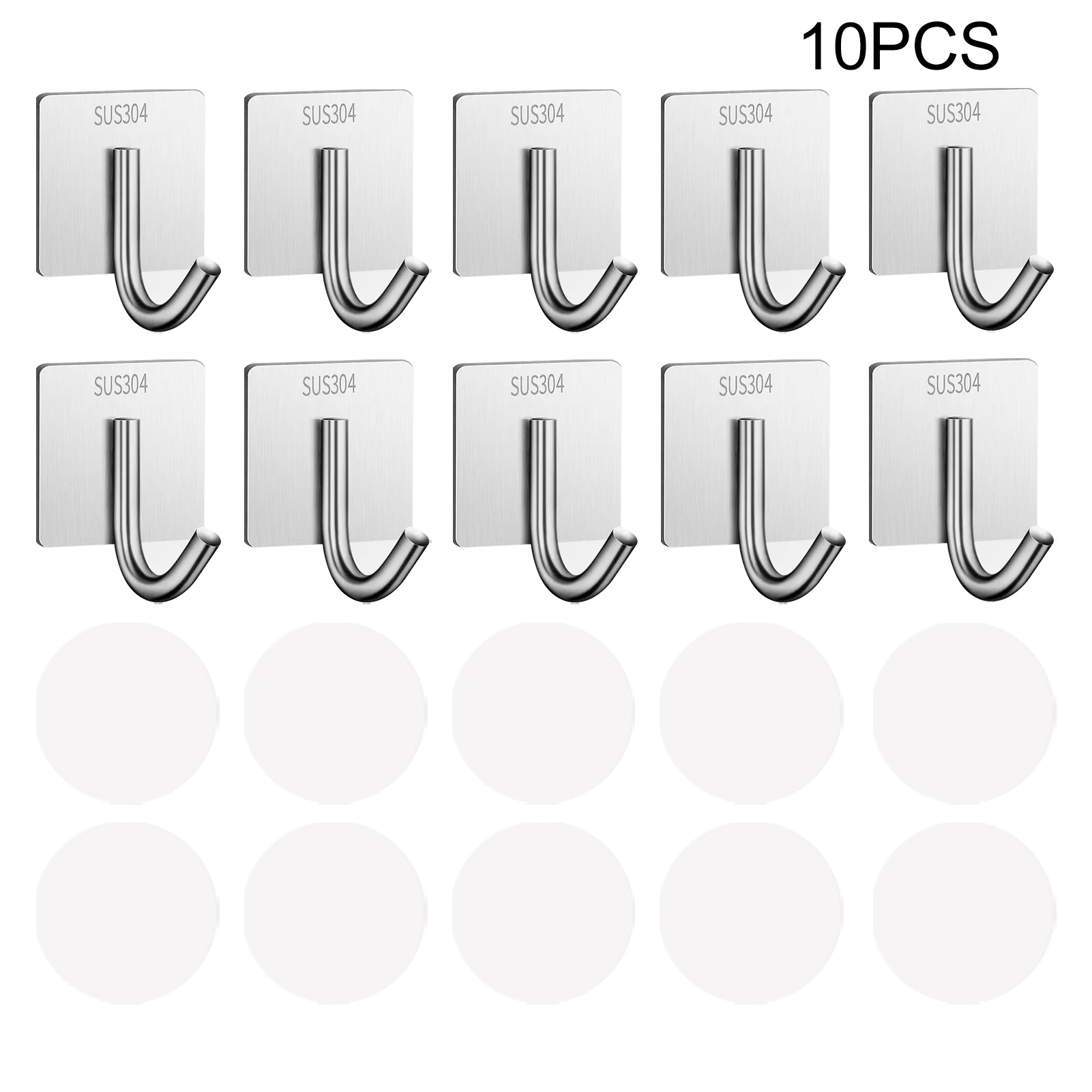 10pcs Stainless Steel With Double Sided Stickers Wall Mounted Utility Hook Heavy Duty Door Kitchen Hanging Hallway Silver Towel