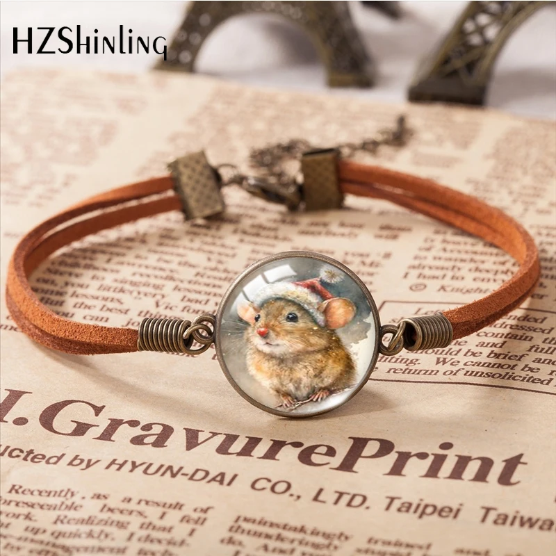 2023 Merry Christmas Hamsters Pattern Leather Bracelet Art Accessories Glass Cabochon Fashion Jewelry Gift