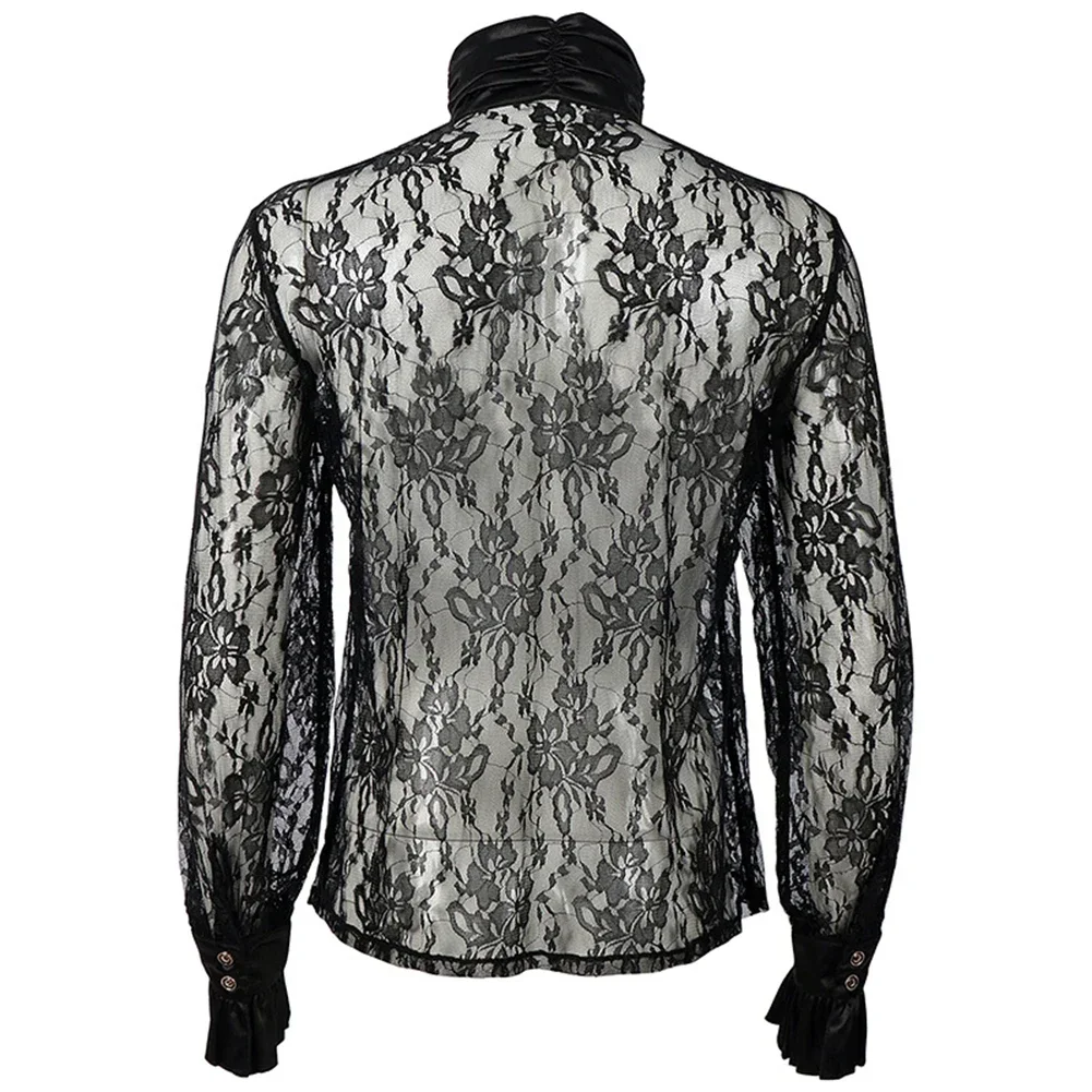 Men\'s Lace Floral Vintage Shirts And Blouses Solid Black Gothic Long Puff Sleeves Victorian Medieval Ruffle Collar Shirt Tops