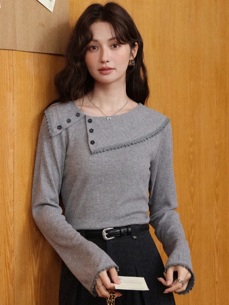 

ALXNAN женские футболки с длинными рукавами, осенний новый круглый вырез, украшение на пуговицах, многослойный дизайн, свободный крой, повседневный универсальный топ L57507