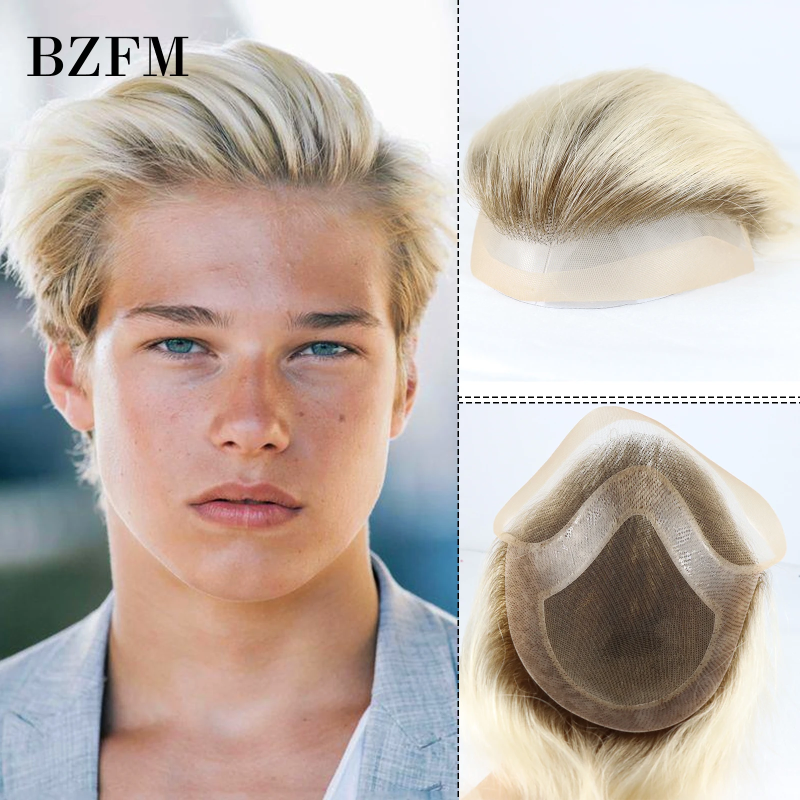 

6 Inch Short Straight Human Hair Men Toupee Mono Lace PU Base Choice Toupee For Men Blonde Color Mens Wigs Replacement Systems