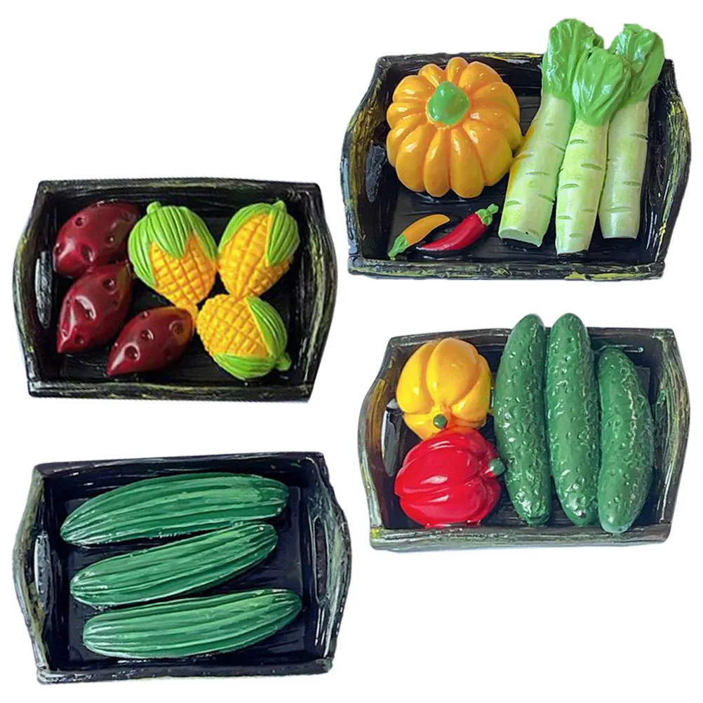 

4 Pcs Resin Ornaments Mini House Vegetables Decoration Painted Miniature Adorable Basket Figurines Model Decorative