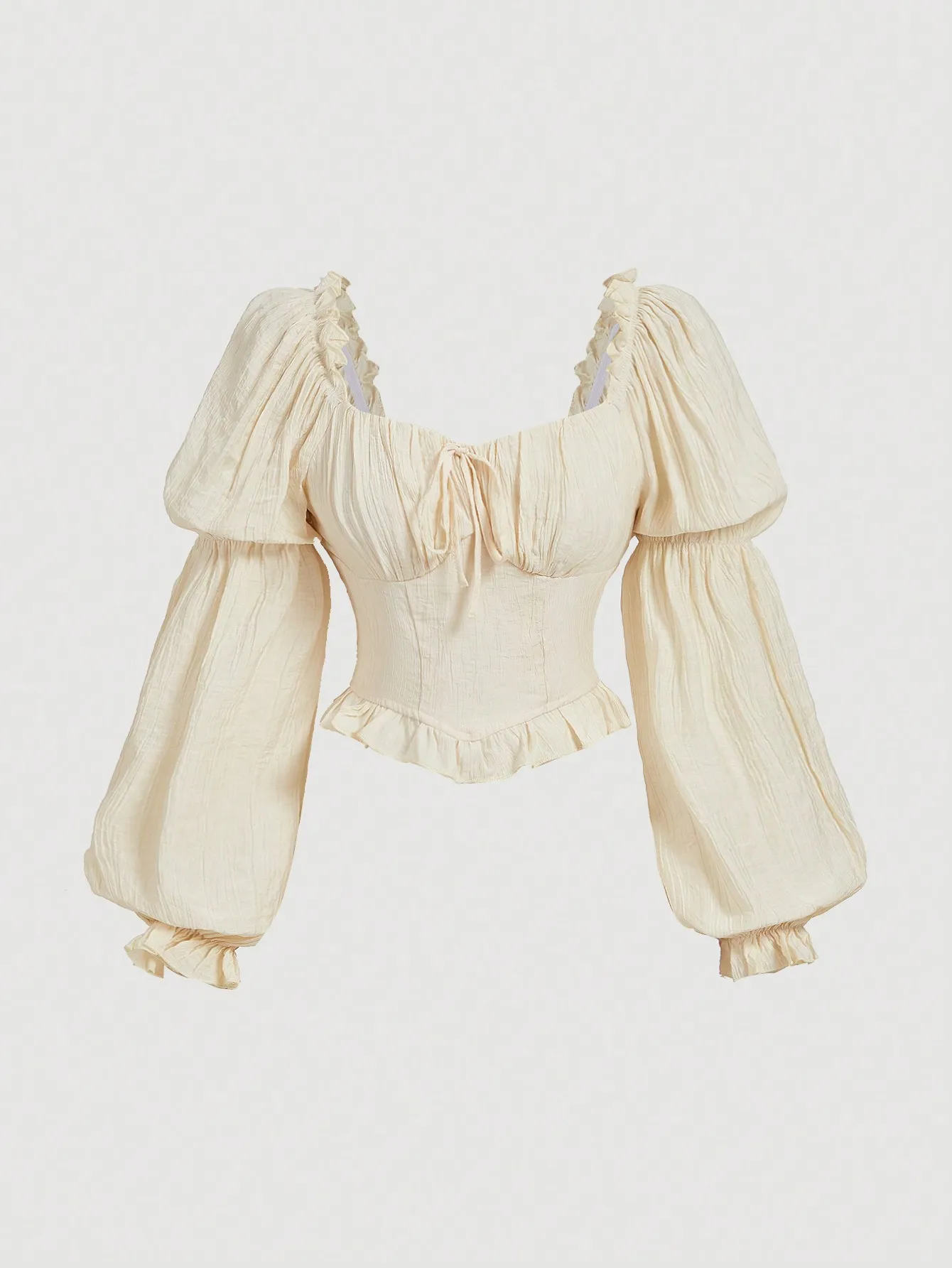 Women Solid Color Ruffle Puff Sleeve Blouse,Long Sleeve Tops