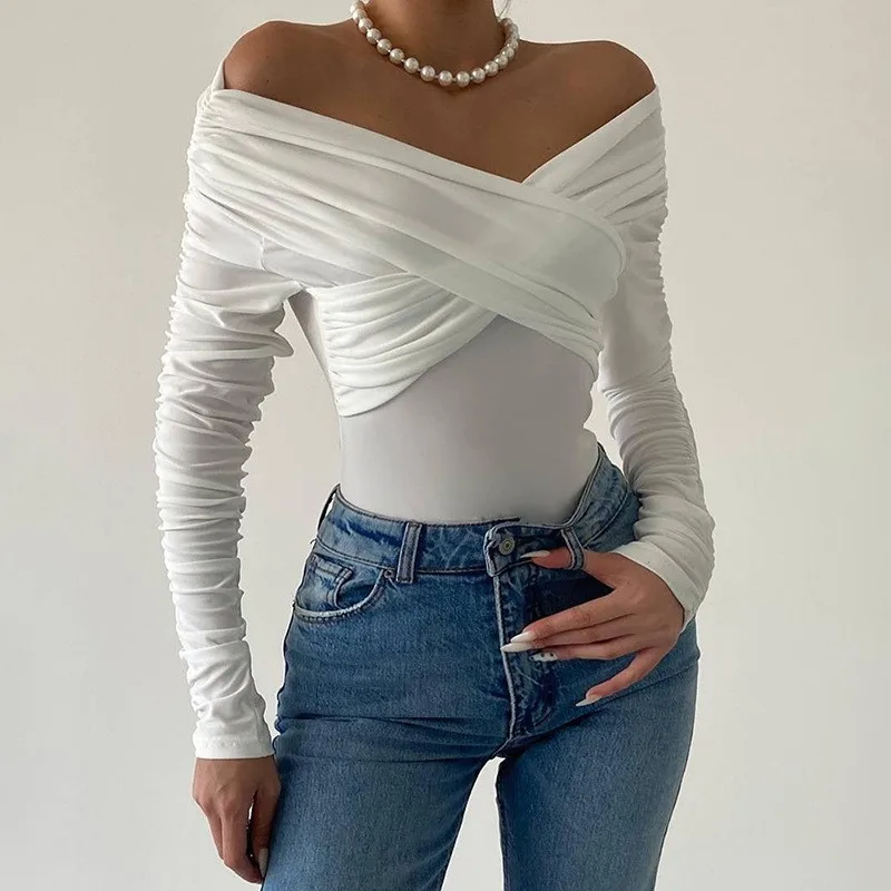 Sexy Off Shoulder Pleated Top With Tight Fitting Temperament Bodysuits Women Crossed Folds Skinny Rompers V Neck Playsuits
