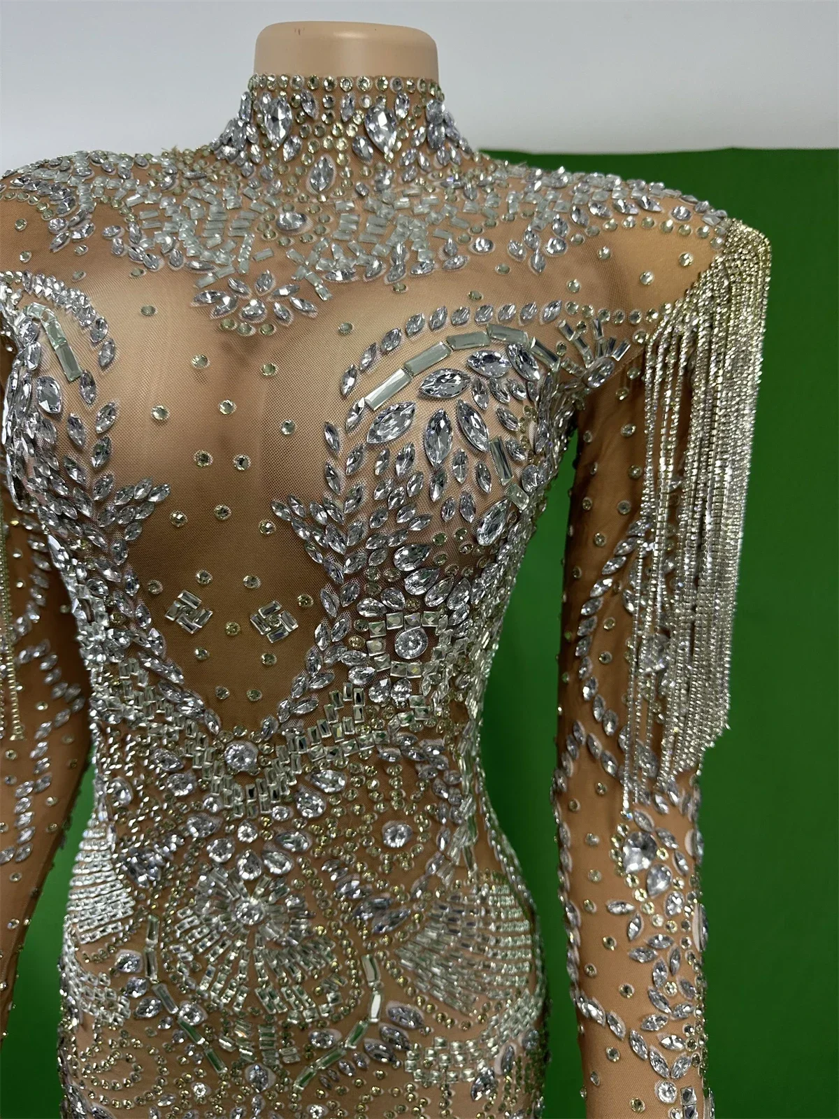 فستان حجر الراين الكامل اللامع للنساء انظر من خلال تمتد حفلة عيد ميلاد الحفر مرحلة ارتداء أداء سحب الملكة زي