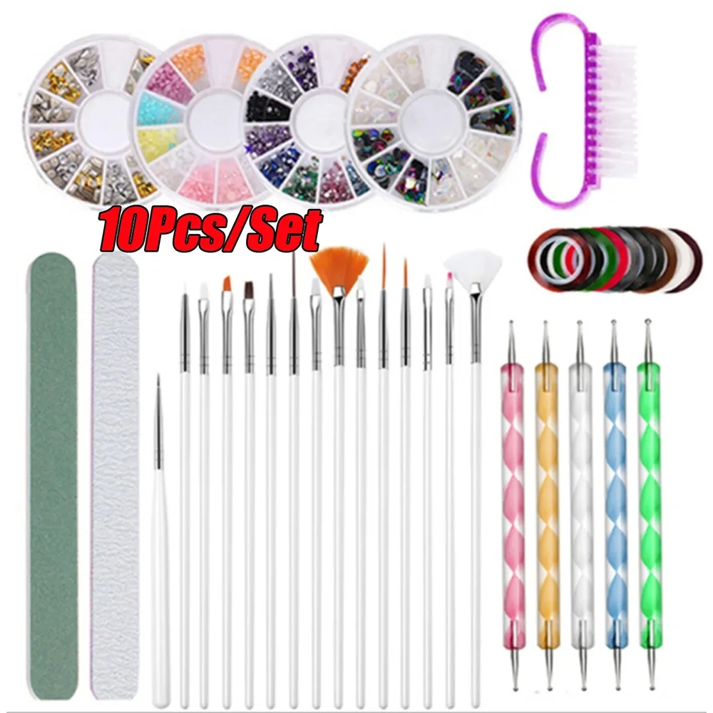 10PCS Nail Art Tools Decoration Kit Nail Art Tool Nail Painting Brushes Nail Dotting Tool Nail Foil Manicure Tape Manicure Kits