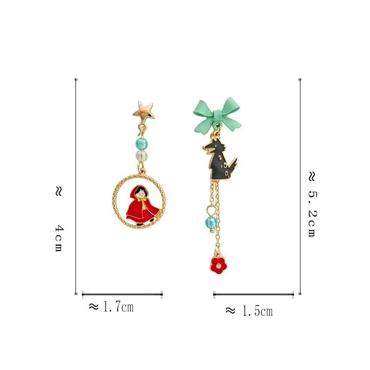 S925 Needle Asymmetric Girl Wolf Long Tassels Drop Earrings for Women Girls Gifts Fable Cute The Little Red Riding Hood Earrings