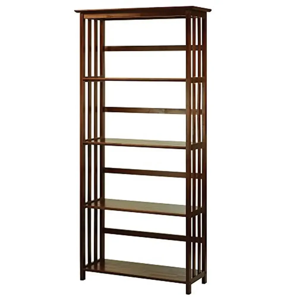 5-Tier Mission Style Walnut Bookcase Solid Wood Construction Durable Office Furniture Shelving Tiered Shelf Rectangular Shape