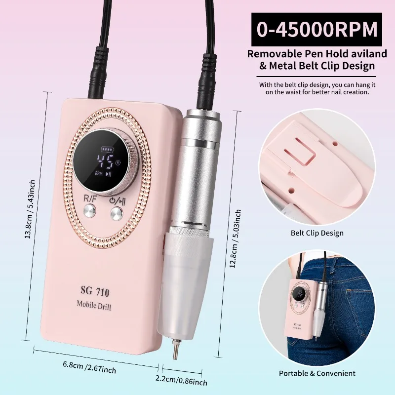 휴대용 충전식 전기 네일 드릴 머신 45000RPM LCD 디스플레이 매니큐어 커터 아크릴 네일 파일용