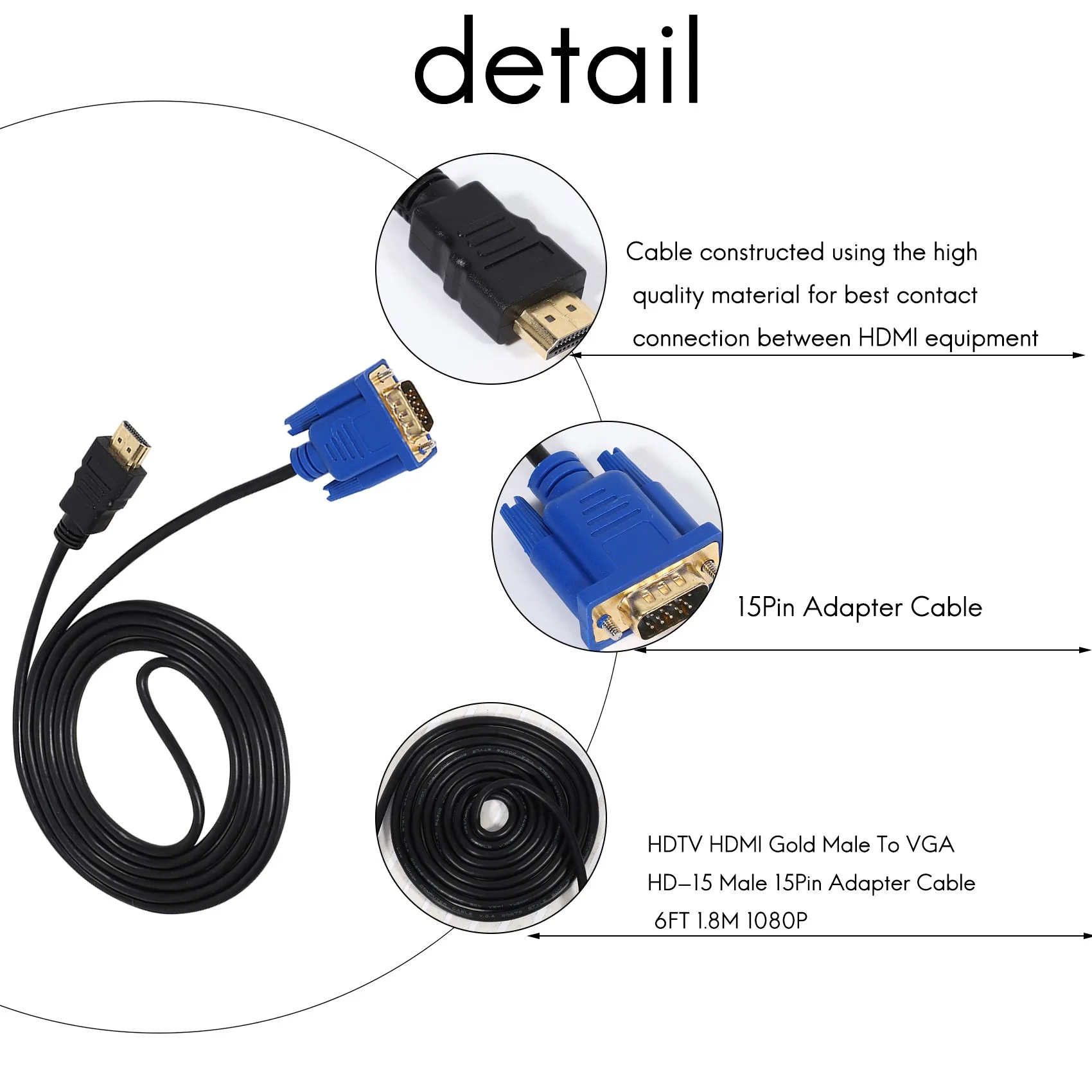 Nowy kabel przejściowy HDTV HDMI Gold Male to VGA HD-15 Male 15Pin 6FT 1.8M 1080P