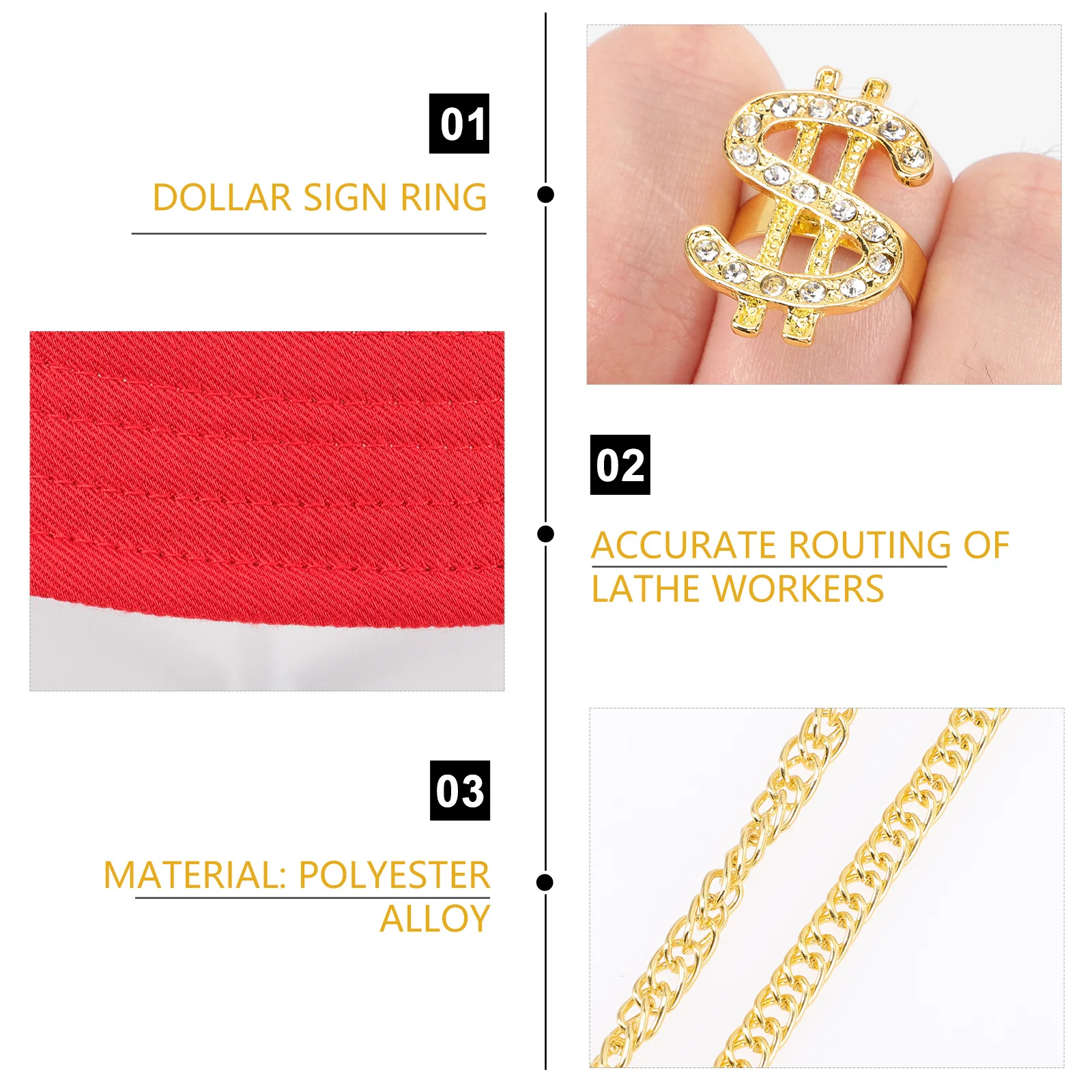 

1 set Bucket Hat Sunglasses Chain Hip Hop Jewelry Set 90S Accessories For Women Men Dollar Sign Ring Necklace Fashion Costume