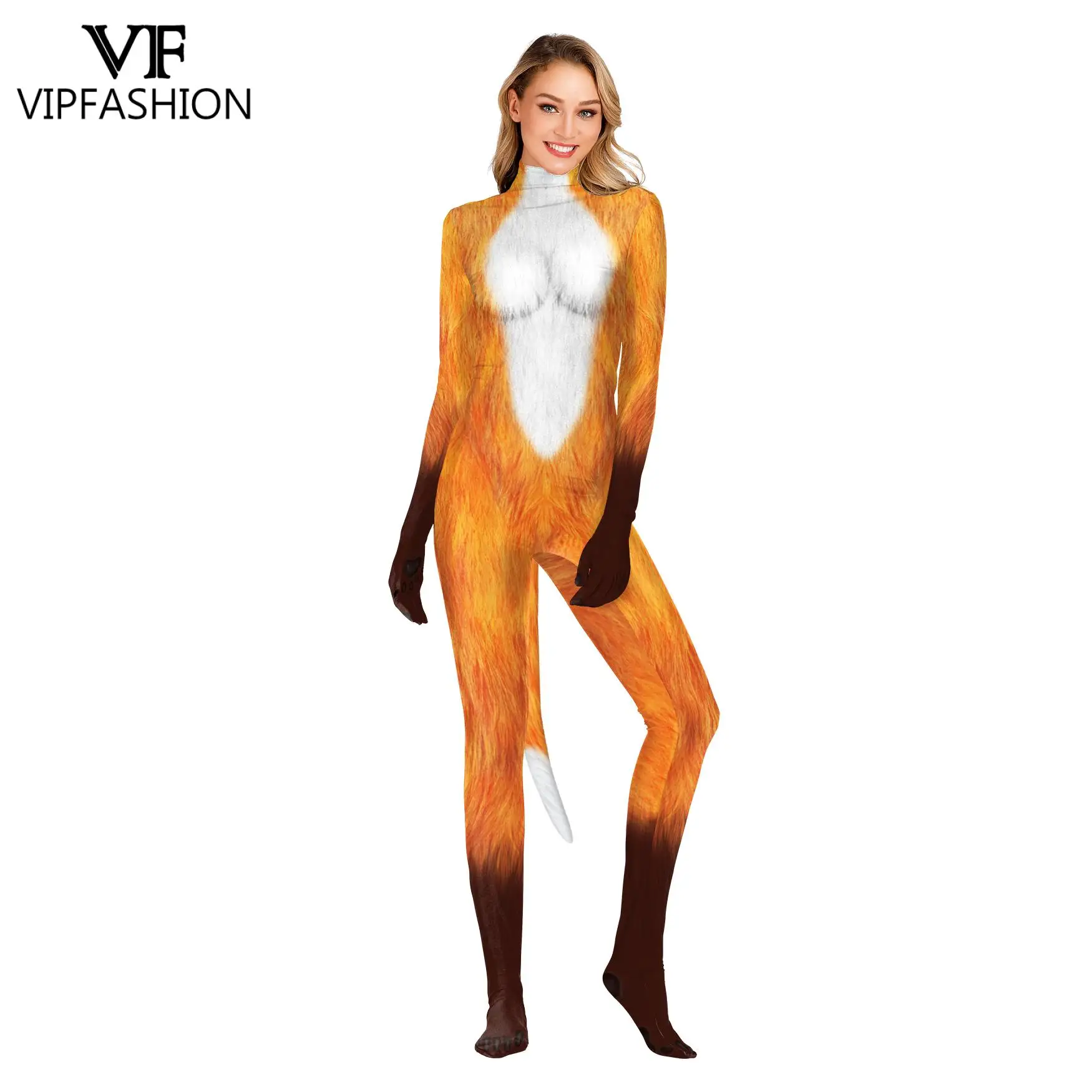 VIP 패션 폭스 코스프레 의상 동물 인쇄 전체 커버 양복 성인 Jumpsuit 젠타이 카니발 Catsuits 꼬리 멋진 복장