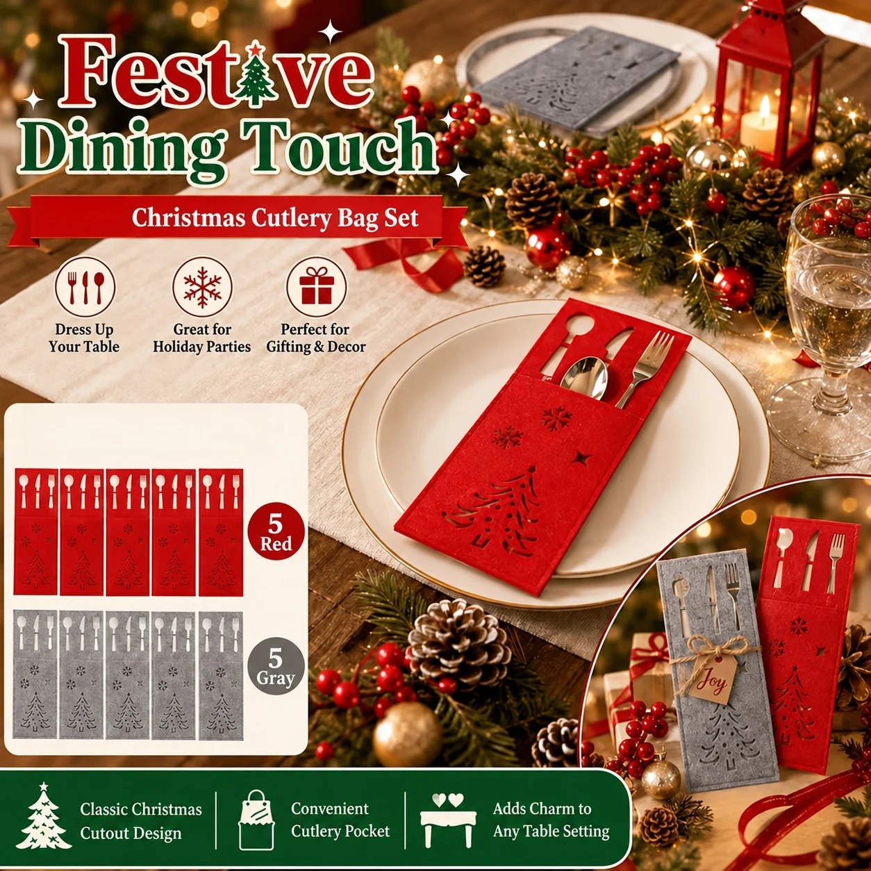 Felt Christmas Cutlery Pockets Hollow Snowflake Utensil Holders For Holiday Dinner Party Table Decoration Party Supplies