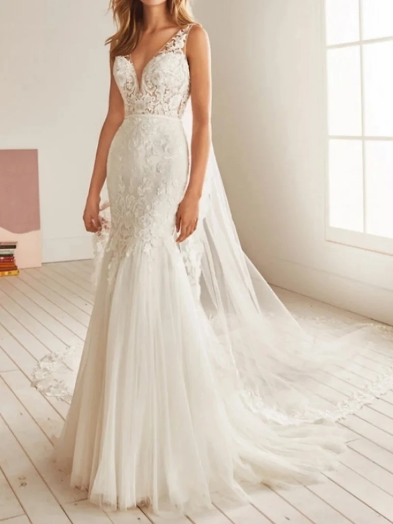 

Pretty Wedding Dresses Classic Mermaid For Brides Sweetheart Gowns Lace Applique Spaghetti Straps Vintage Vestidos De Novia 2024