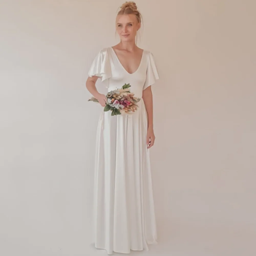 

Elegant Minimalist Satin Simple Ivory Wedding Dress Short Sleeves V Neck A Line Floor-length Women 2023 Garden Bridal Gowns Long